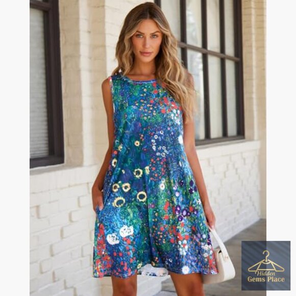 Floral Print Sleeveless Sundress with Pockets Loose Fit Summer Casual - Picture 2 of 7